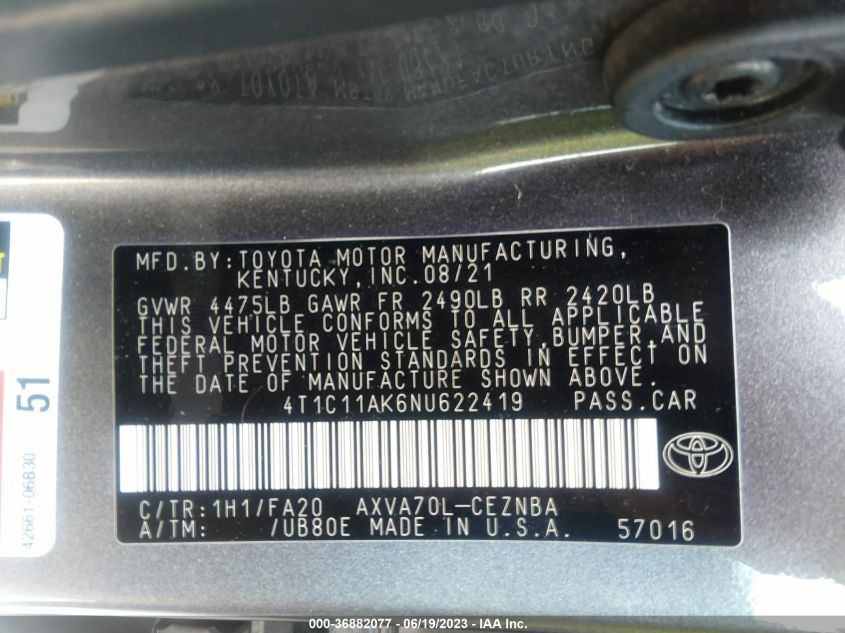 2022 TOYOTA CAMRY LE - 4T1C11AK6NU622419