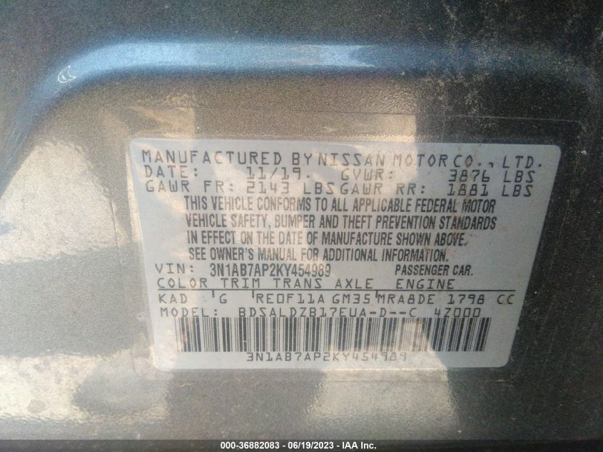 2019 NISSAN SENTRA SV - 3N1AB7AP2KY454989