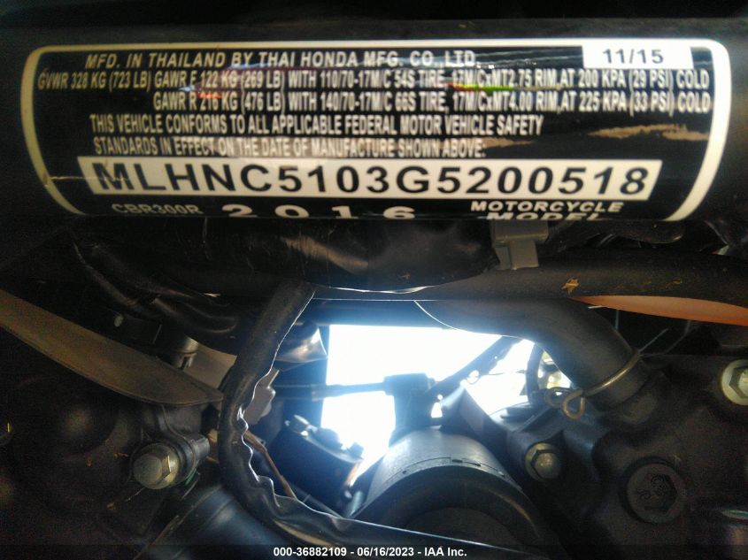 2016 HONDA CBR300 R MLHNC5103G5200518