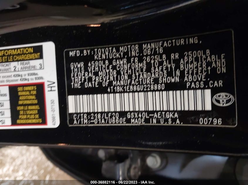 2016 TOYOTA AVALON LIMITED/TOURING/XLE - 4T1BK1EB8GU228880