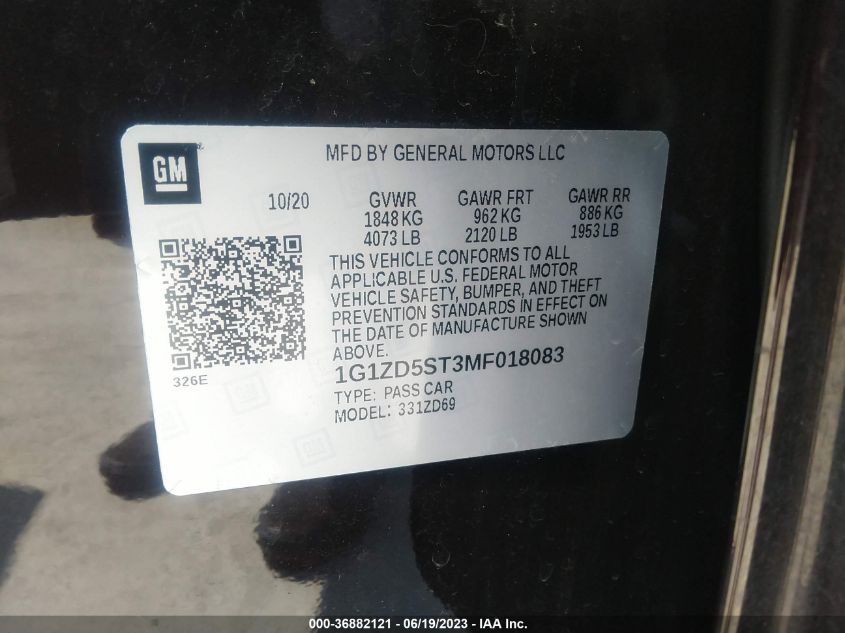 2021 CHEVROLET MALIBU LT - 1G1ZD5ST3MF018083