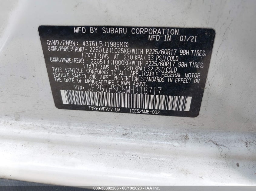 VIN JF2GTHSC5MH318717 2021 SUBARU CROSSTREK SPORT