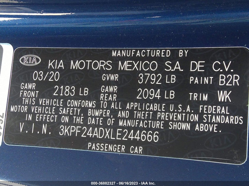 VIN 3KPF24ADXLE244666 2020 KIA FORTE LXS