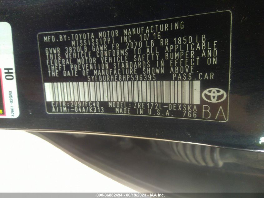 2017 TOYOTA COROLLA L/LE/XLE/SE - 5YFBURHE8HP596395