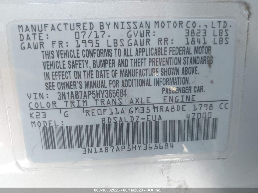 2017 NISSAN SENTRA SV - 3N1AB7AP5HY365684