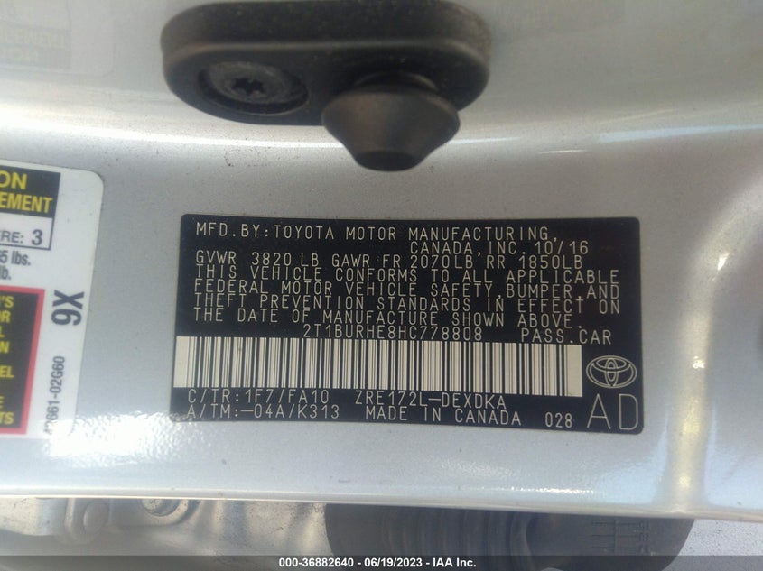 VIN 2T1BURHE8HC778808 2017 TOYOTA COROLLA L/LE/XLE/SE