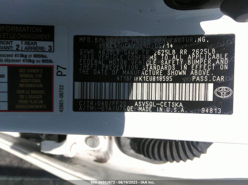 2014 TOYOTA CAMRY L/LE/XLE/SE/SE SPORT - 4T1BF1FK1EU818595