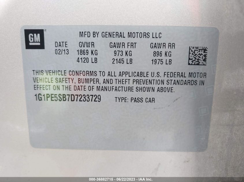 2013 CHEVROLET CRUZE 2LT - 1G1PE5SB7D7233729