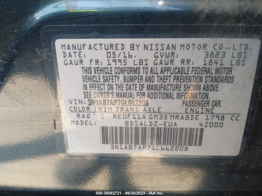 2016 NISSAN SENTRA SR/SL/S/SV/FE+ S - 3N1AB7AP7GL662208