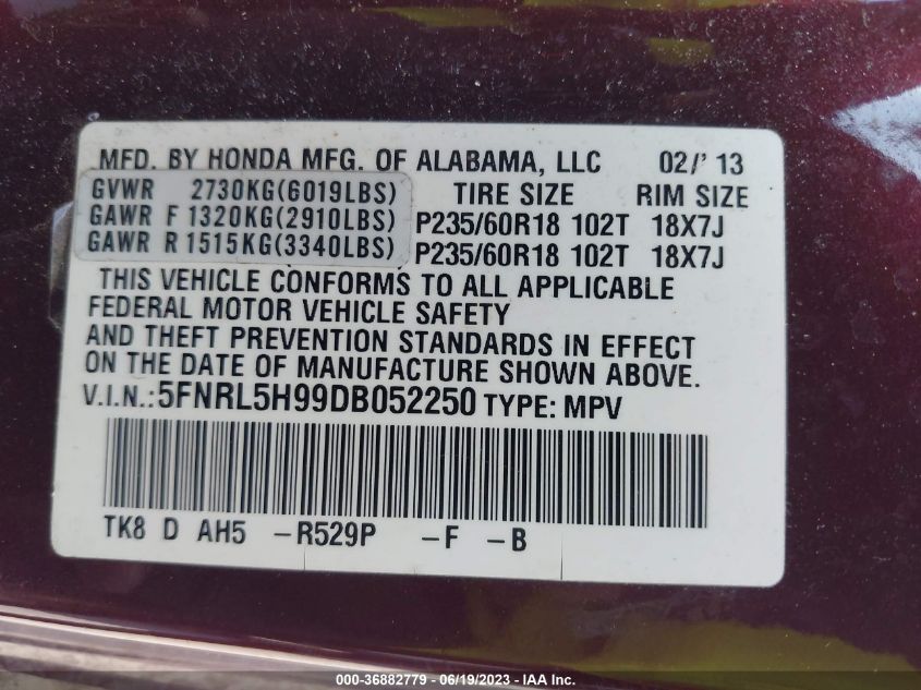 2013 HONDA ODYSSEY TOURING - 5FNRL5H99DB052250