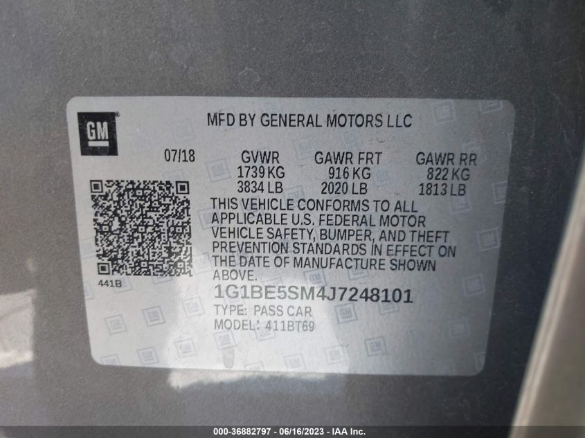 2018 CHEVROLET CRUZE LT - 1G1BE5SM4J7248101