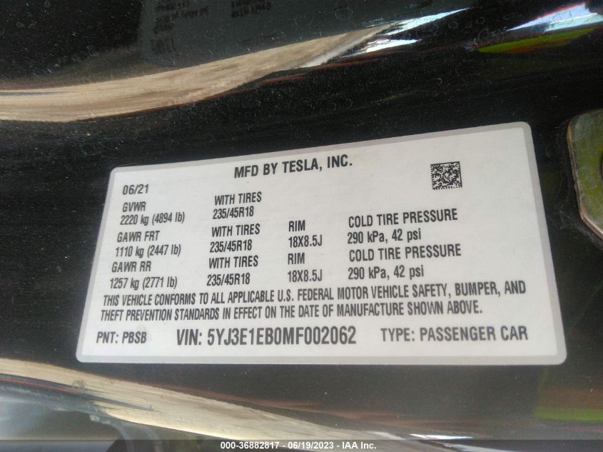 2021 TESLA MODEL 3 - 5YJ3E1EB0MF002062