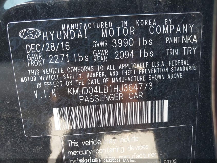 2017 HYUNDAI ELANTRA SPORT - KMHD04LB1HU364773