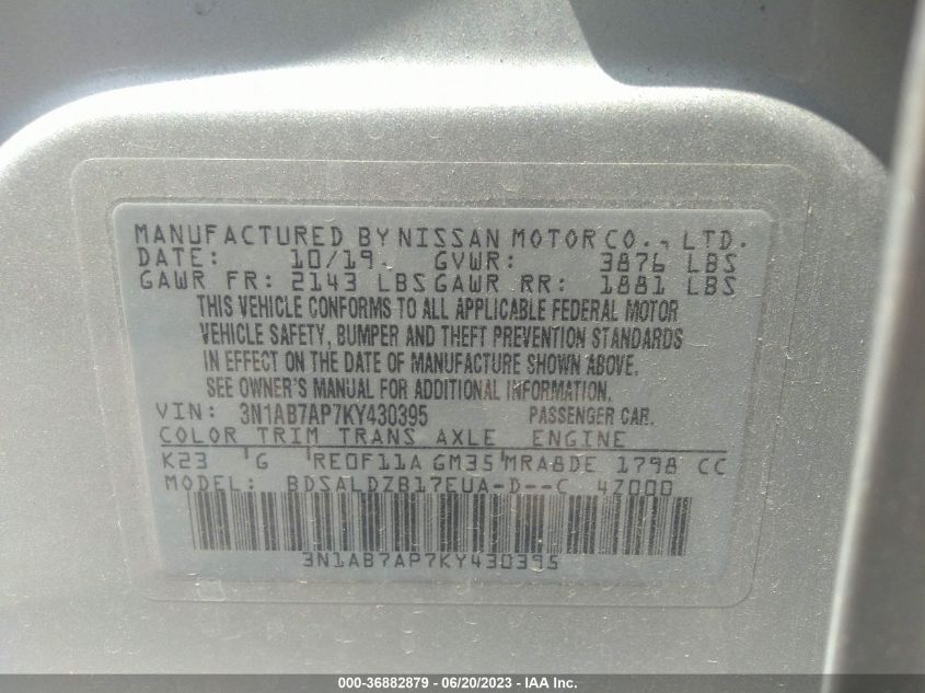 2019 NISSAN SENTRA SV - 3N1AB7AP7KY430395