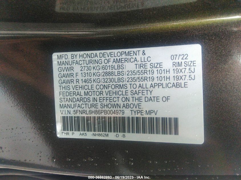 2023 HONDA ODYSSEY TOURING - 5FNRL6H86PB004979