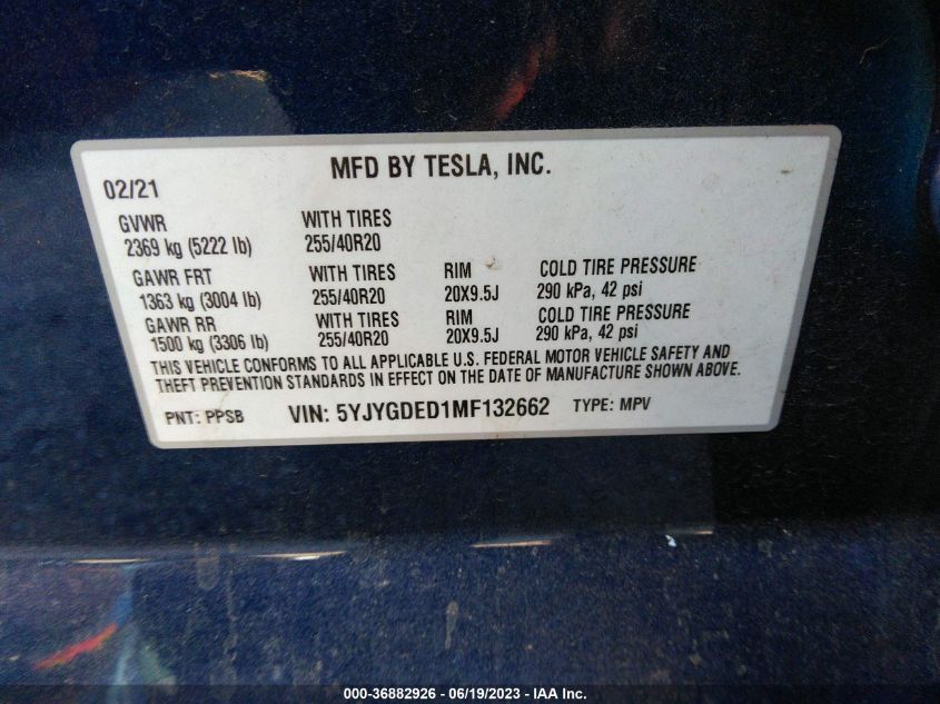 2021 TESLA MODEL Y - 5YJYGDED1MF132662