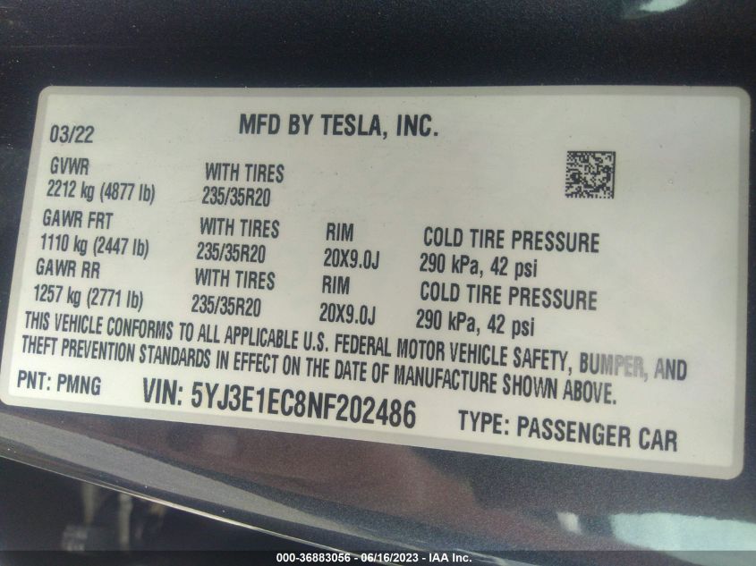 2022 TESLA MODEL 3 PERFORMANCE - 5YJ3E1EC8NF202486