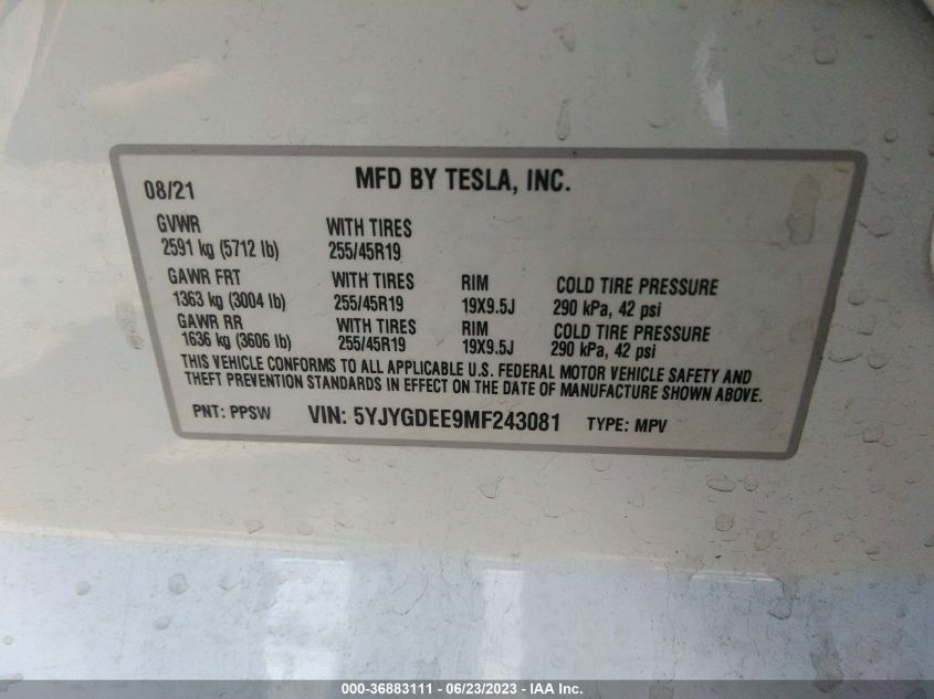 2021 TESLA MODEL Y LONG RANGE - 5YJYGDEE9MF243081