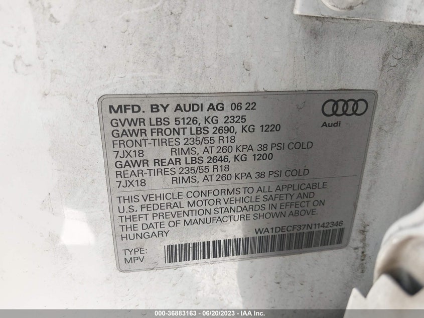 VIN WA1DECF37N1142346 2022 AUDI Q3 S LINE PREMIUM