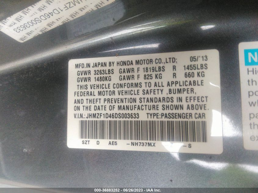 2013 HONDA CR-Z - JHMZF1D46DS003633