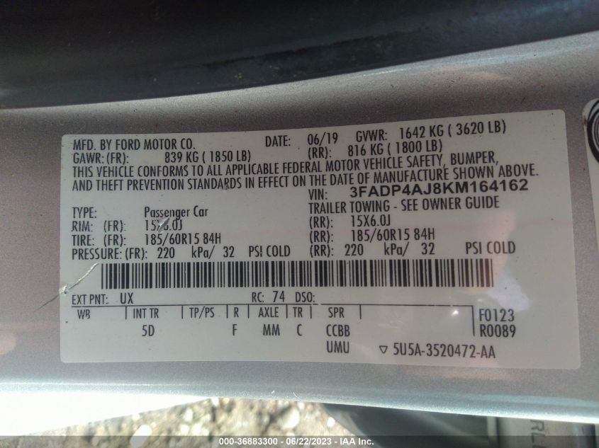 2019 FORD FIESTA S - 3FADP4AJ8KM164162