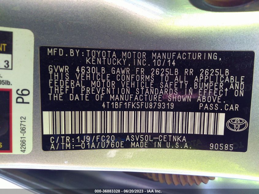2015 TOYOTA CAMRY XLE/SE/LE/XSE - 4T1BF1FK5FU879319