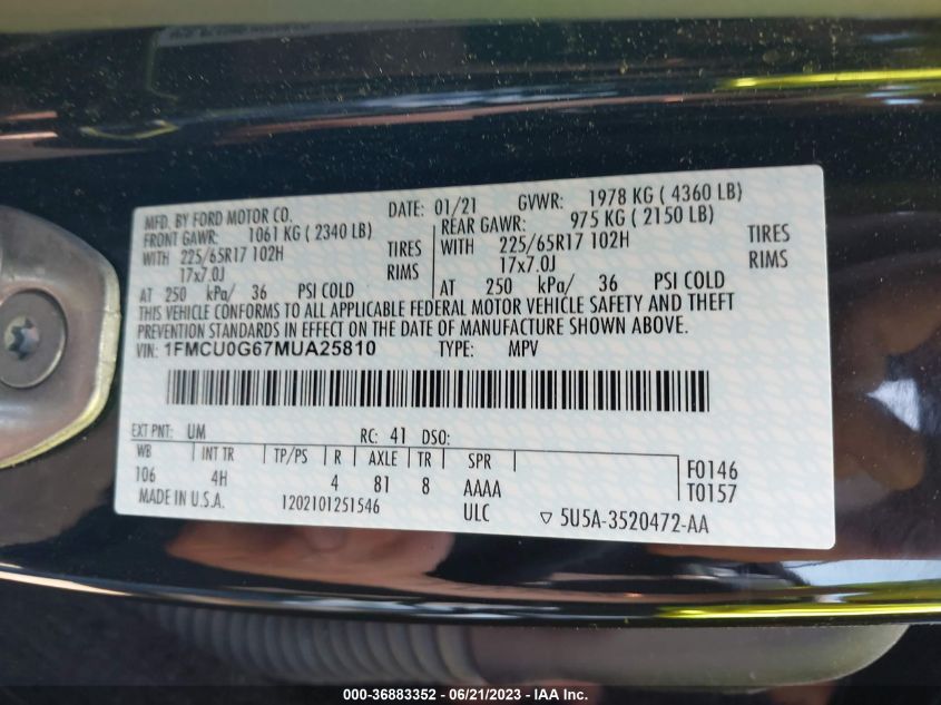 2021 FORD ESCAPE SE - 1FMCU0G67MUA25810