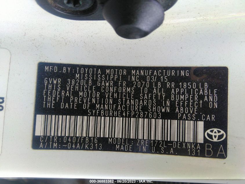 2015 TOYOTA COROLLA L/LE/S/S PLUS/LE PLUS - 5YFBURHE4FP287603