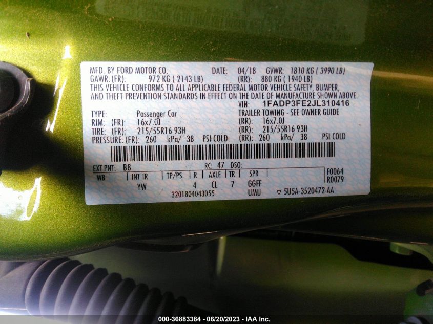 2018 FORD FOCUS SE - 1FADP3FE2JL310416