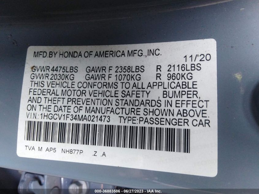 2021 HONDA ACCORD SEDAN SPORT - 1HGCV1F34MA021473