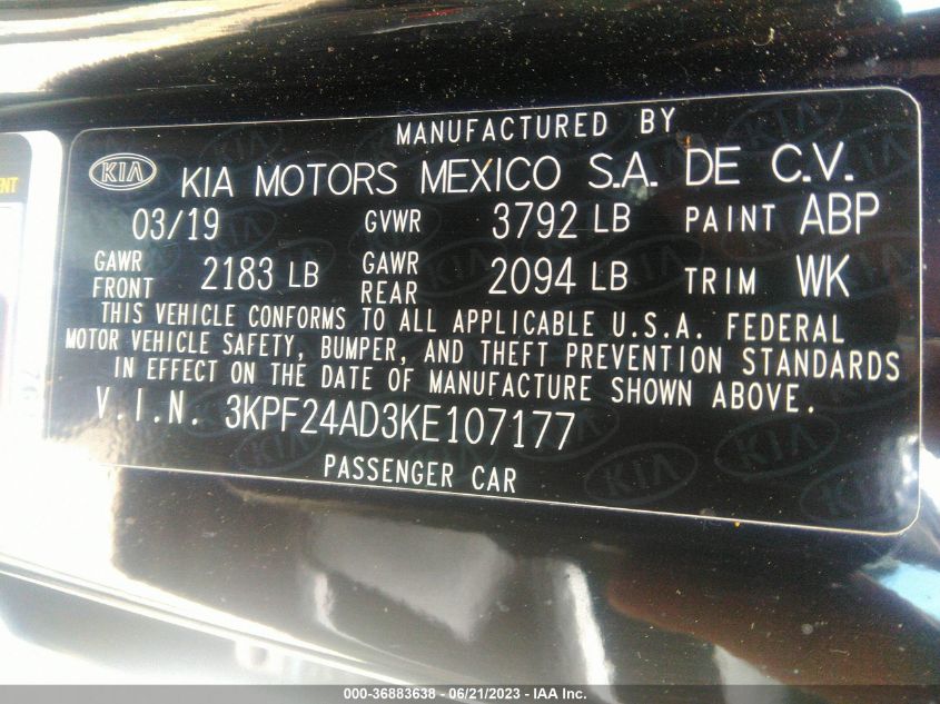 2019 KIA FORTE LXS - 3KPF24AD3KE107177