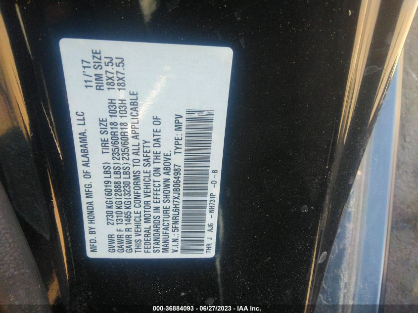 2018 HONDA ODYSSEY EX-L - 5FNRL6H7XJB064987