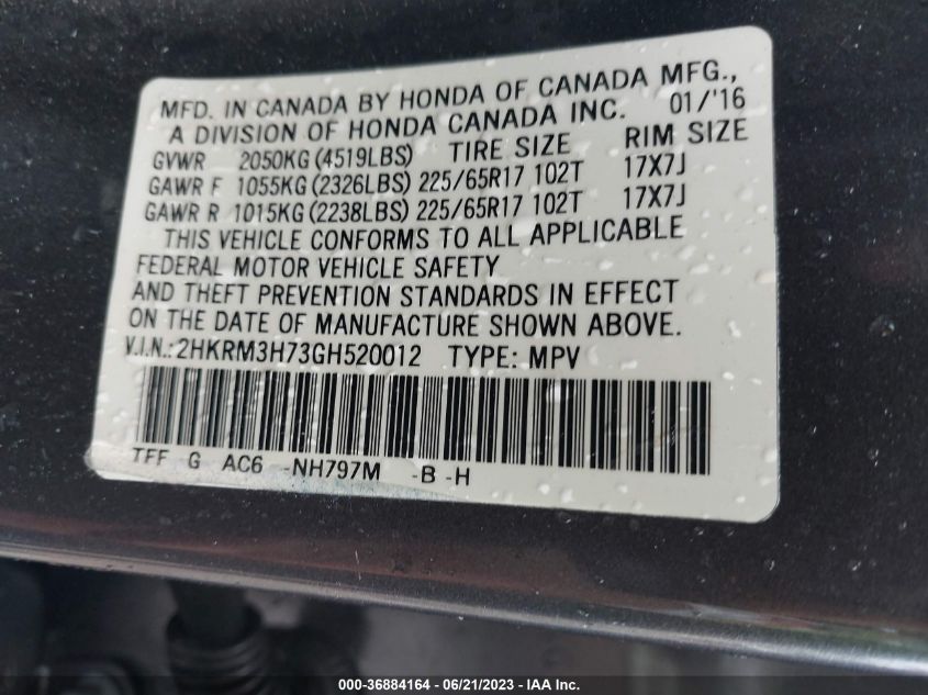 2016 HONDA CR-V EX-L - 2HKRM3H73GH520012
