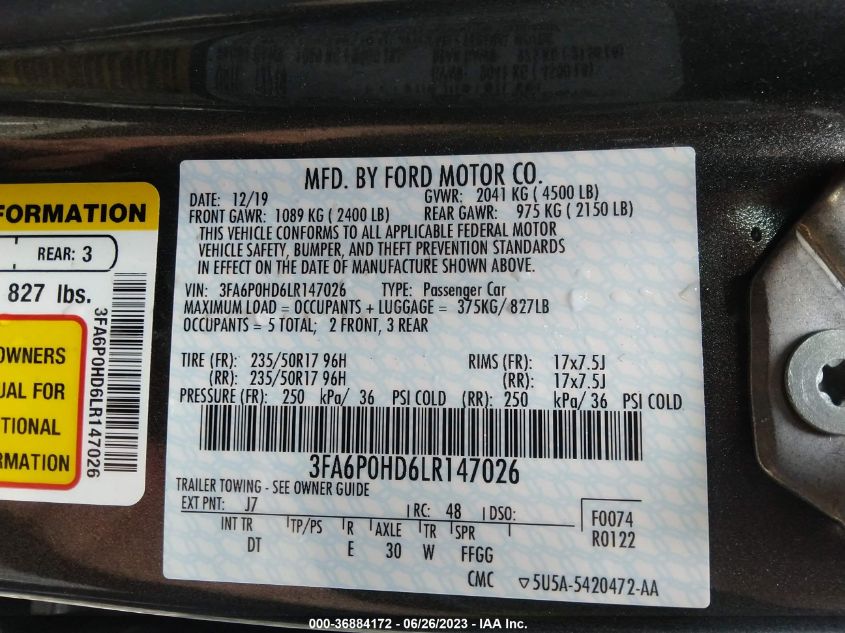 3FA6P0HD6LR147026 2020 FORD FUSION, photo no. 9