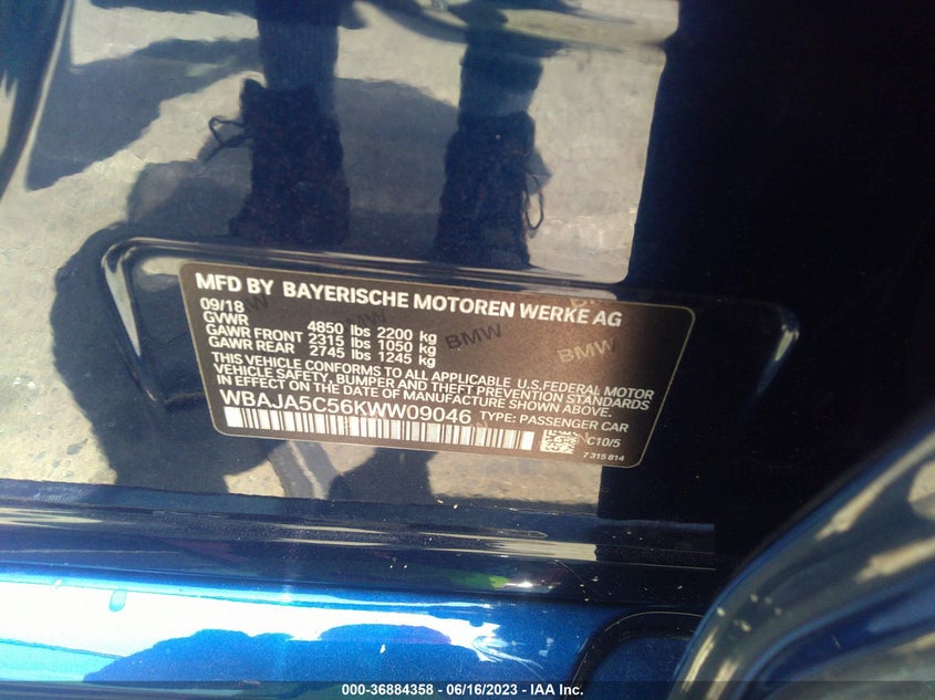VIN WBAJA5C56KWW09046 2019 BMW 5 SERIES 530I