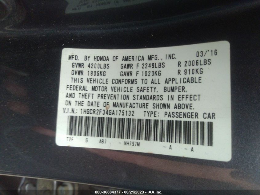2016 HONDA ACCORD SEDAN LX - 1HGCR2F34GA175132