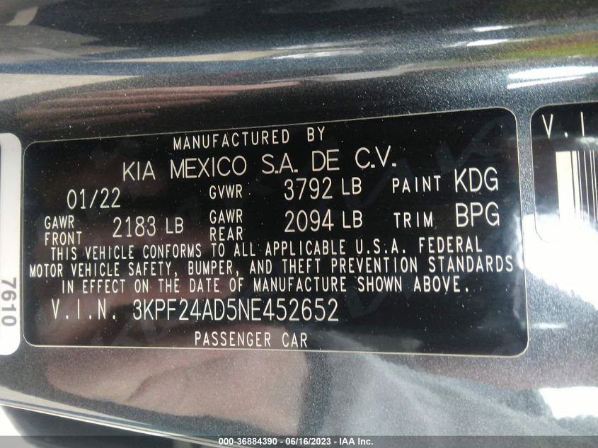 2022 KIA FORTE LXS - 3KPF24AD5NE452652