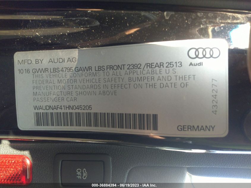 2017 AUDI A4 PREMIUM - WAUDNAF41HN045205