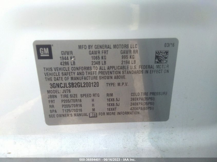 2016 CHEVROLET TRAX LT - 3GNCJLSB2GL200120