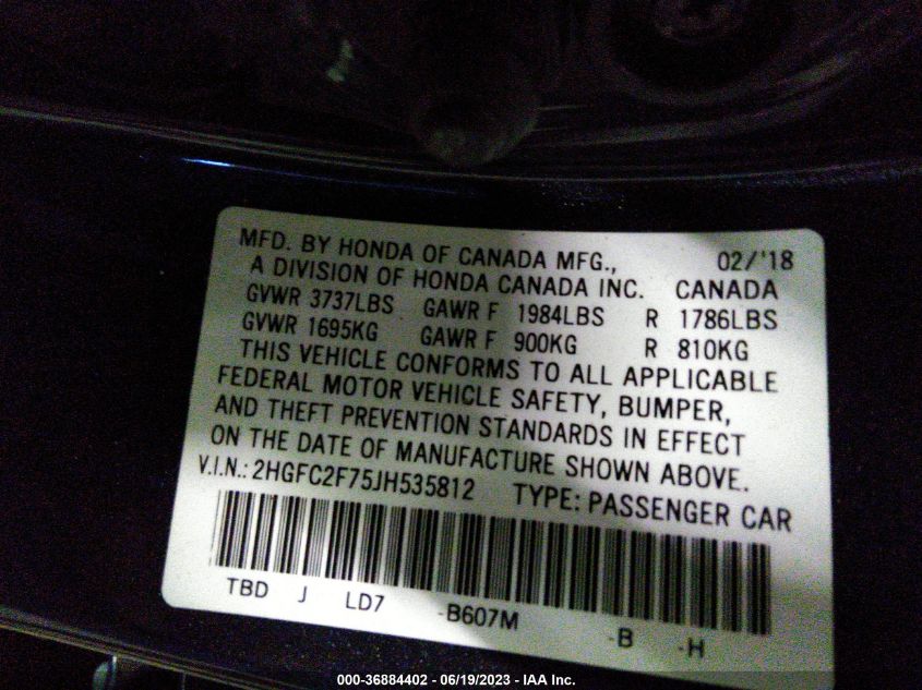 2018 HONDA CIVIC SEDAN EX - 2HGFC2F75JH535812