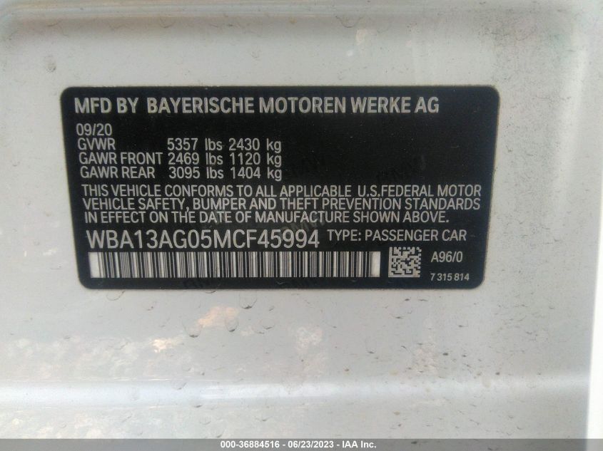 2021 BMW 530E WBA13AG05MCF45994