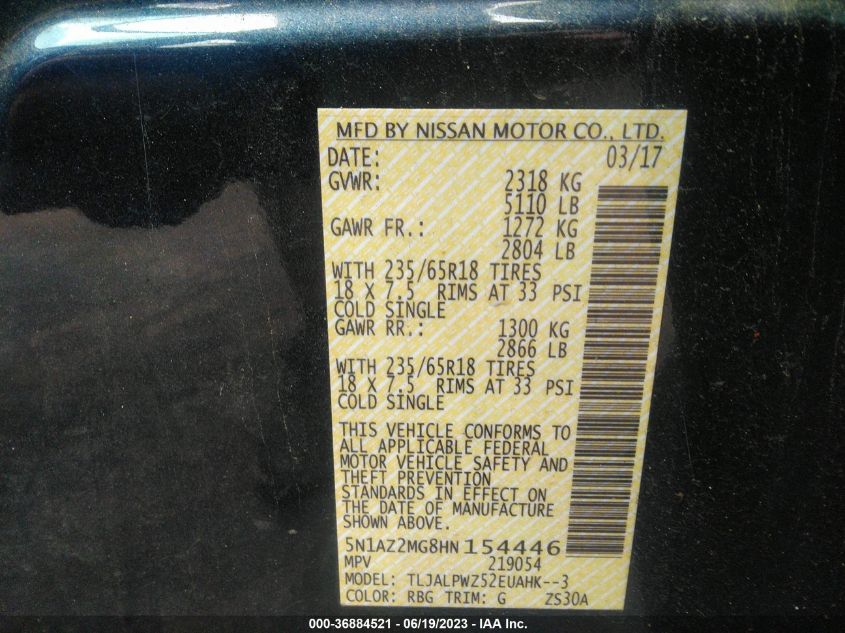 2017 NISSAN MURANO S/SL/SV/PLATINUM - 5N1AZ2MG8HN154446