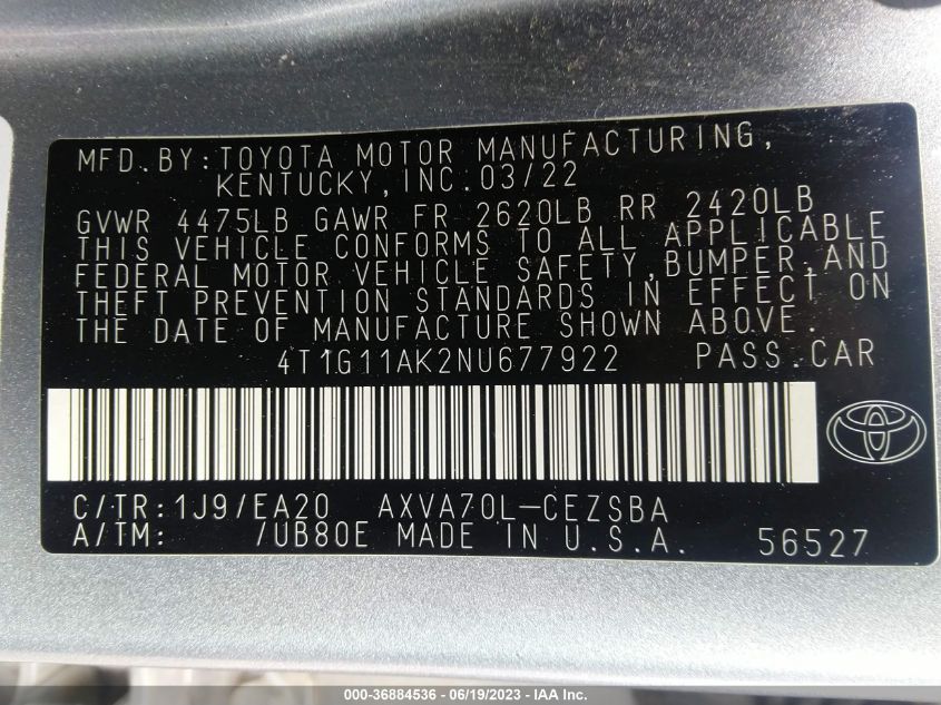 2022 TOYOTA CAMRY SE - 4T1G11AK2NU677922