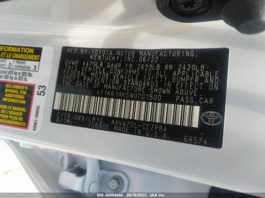 2022 TOYOTA CAMRY XSE - 4T1K61AK5NU701500