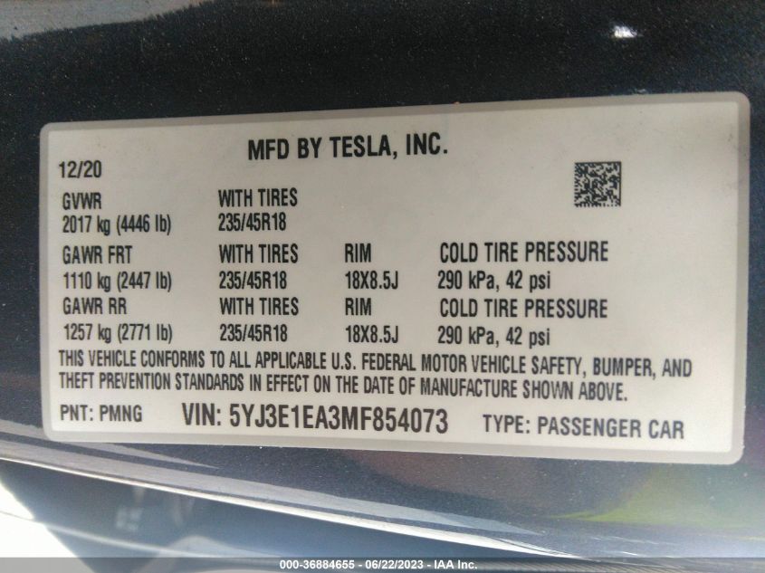 2021 TESLA MODEL 3 STANDARD RANGE PLUS - 5YJ3E1EA3MF854073