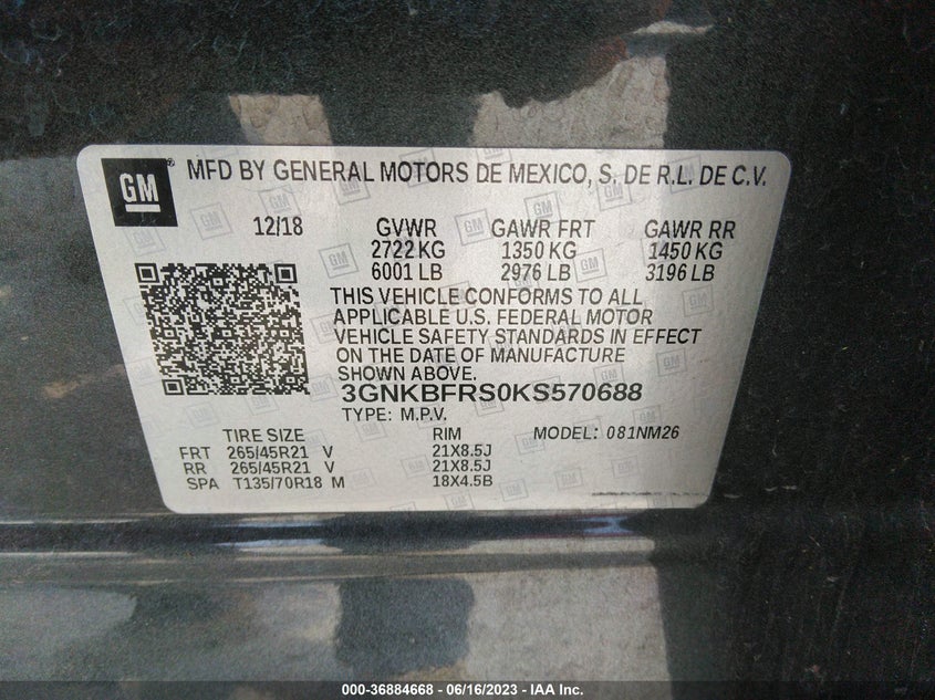 VIN 3GNKBFRS0KS570688 2019 CHEVROLET BLAZER PREMIER