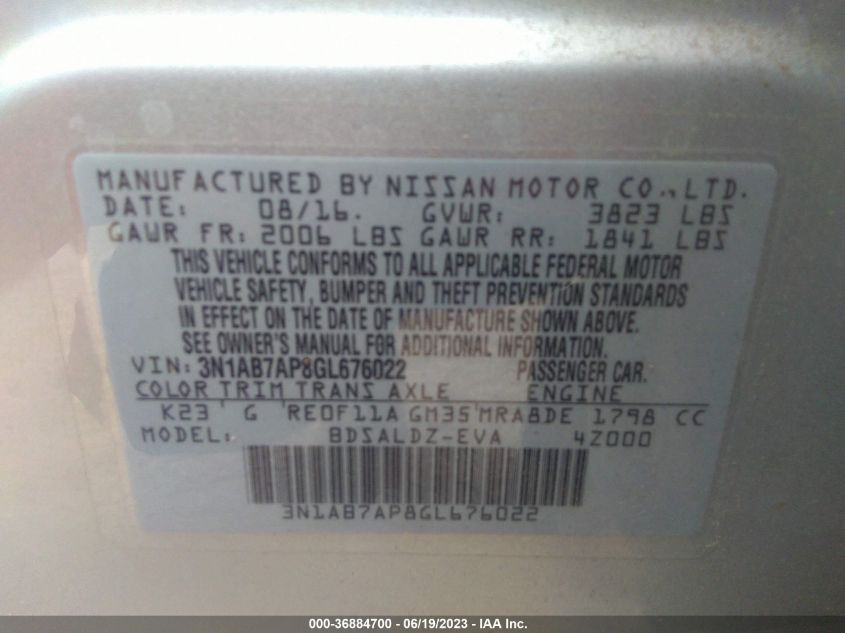 2016 NISSAN SENTRA S/SV/SR/SL - 3N1AB7AP8GL676022