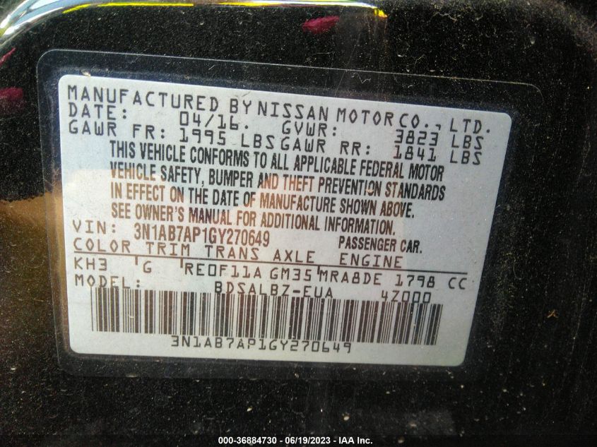 2016 NISSAN SENTRA S/SV/SR/SL - 3N1AB7AP1GY270649