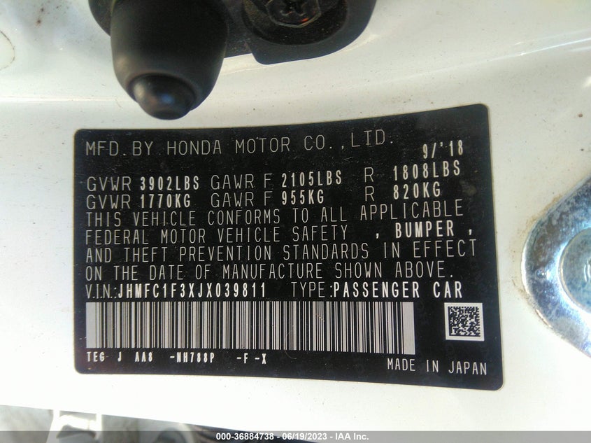 VIN JHMFC1F3XJX039811 2018 HONDA CIVIC SEDAN EX-T