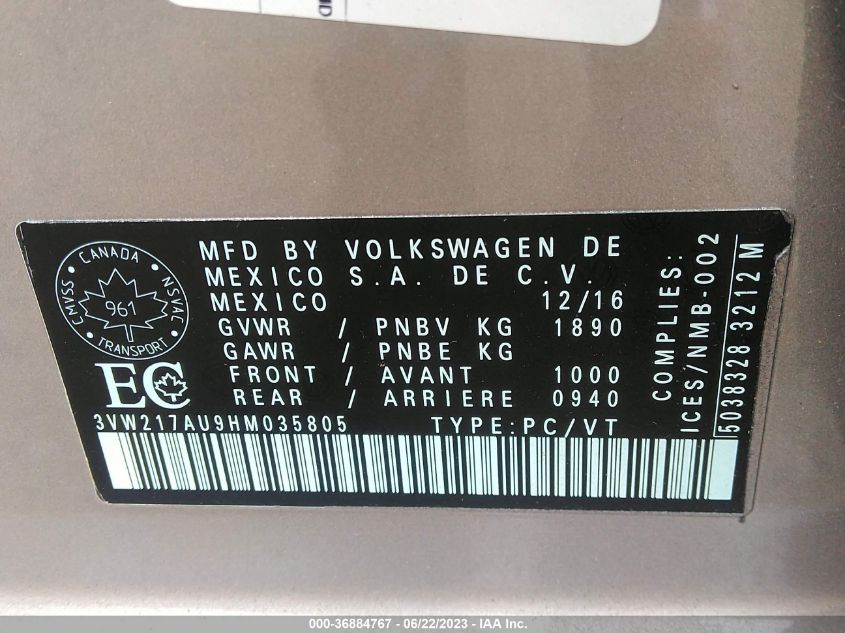 2017 VOLKSWAGEN GOLF S - 3VW217AU9HM035805